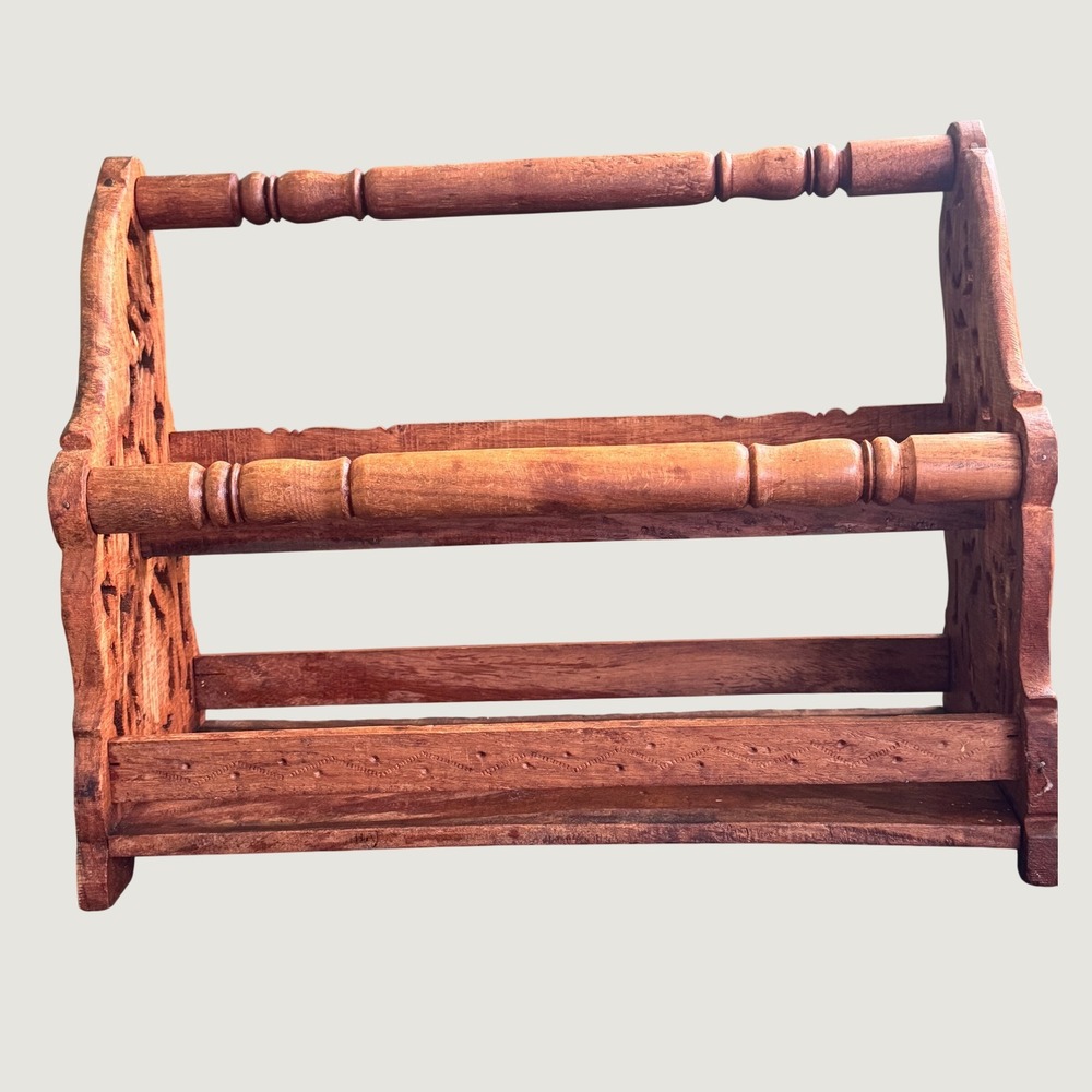 Vintage Carved Wood Magazine Display Rack Floral Leaf Boho